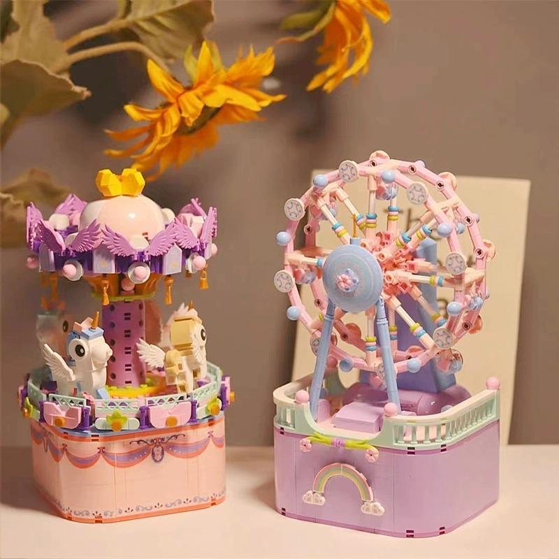 compatible with lego small particle carousel assembling building blocks toy educational children series music box girls gift