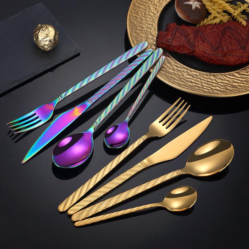 cross-border amazon hot selling stainless steel tableware knife fork spoon hemp rope pattern western tableware steak hotel 4 pcs set Application Scenario