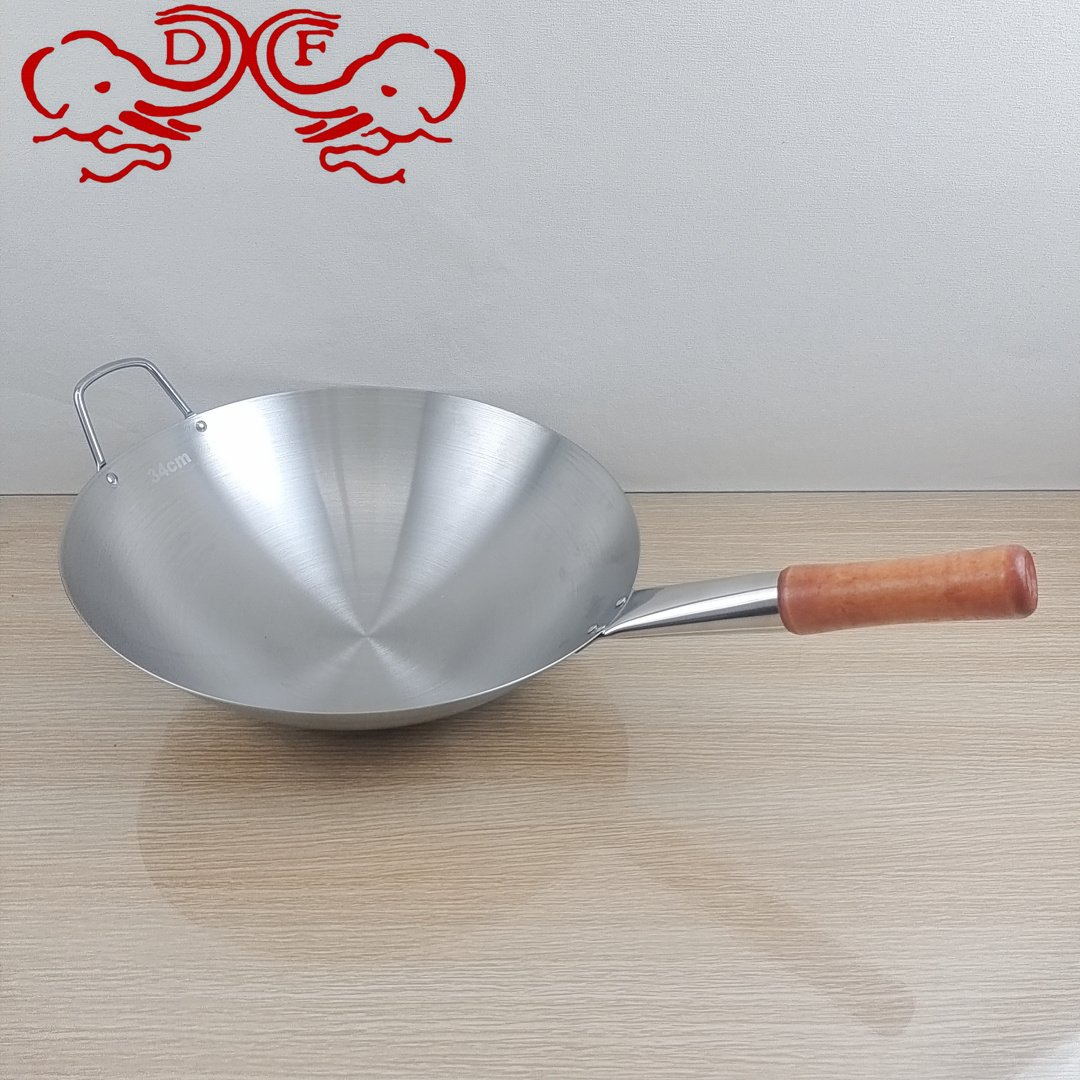 DF68793 stainless steel wok with double ears and round bottom, wooden handle, single handle, stir-frying pot, rural large pot, DF TRADINGHOUSE