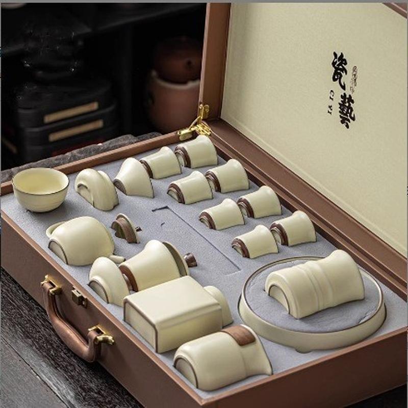 beige ru kiln kung fu tea set suit household 2023 new light luxury high-end ceramic cover teacup