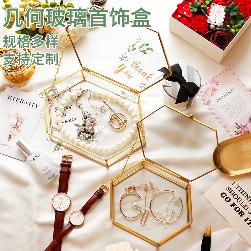 Retro Copper Bar Geometric Glass Jewelry Box Hexagonal Open Cover Glass Greenhouse Preserved Fresh Flower Display Glass Cover