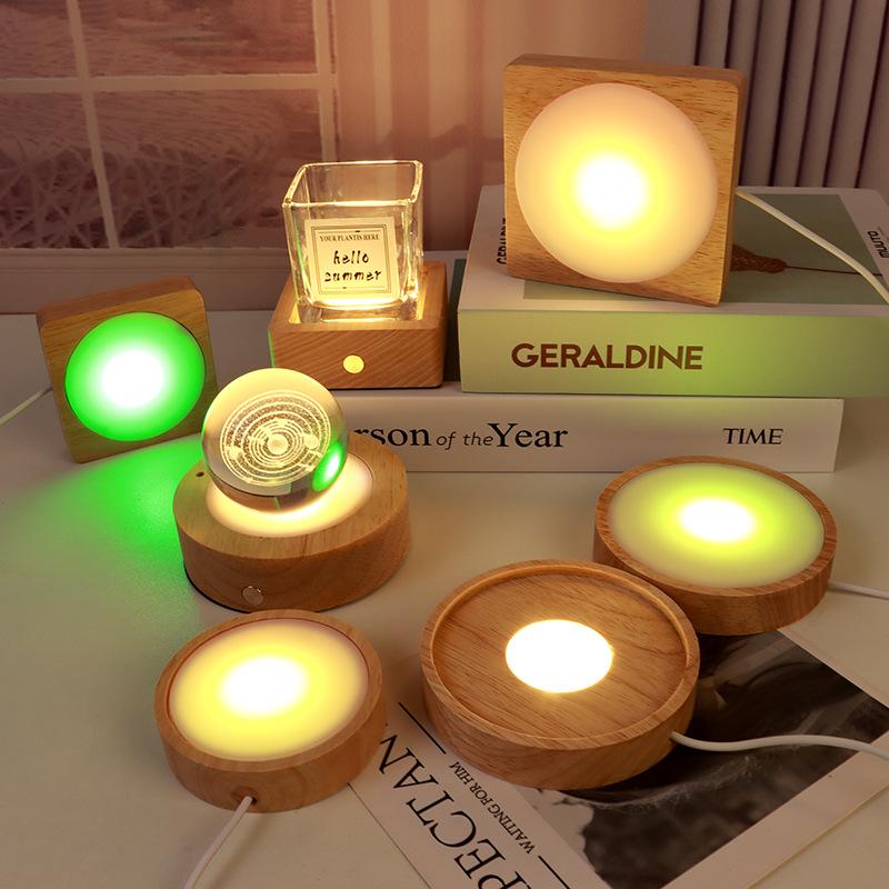round crystal ball diffuser plate small night lamp base solid wood square led lamp base aromatherapy luminous base