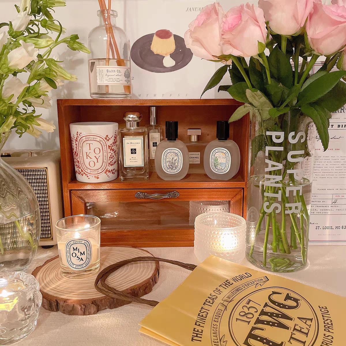 cup storage cabinet desktop cosmetics display shelf japanese style solid wood vintage storage box skin care products distressed