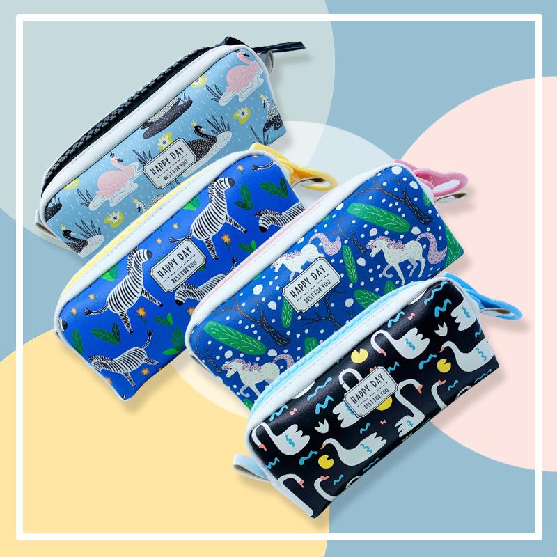 korean style big zipper pu pen bag fashion animal cartoon large capacity pencil case storage stationery box custom logo