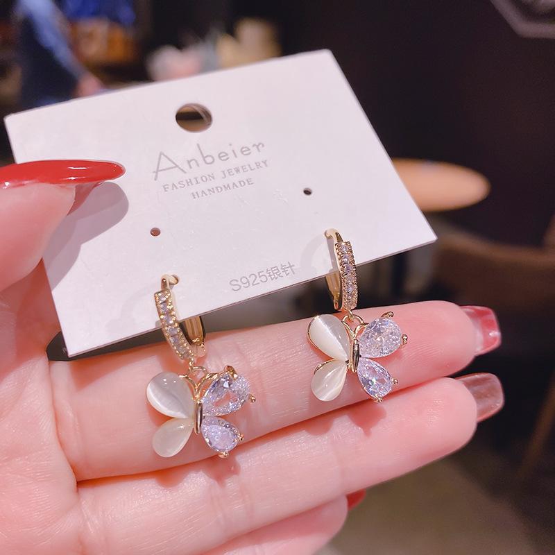 real gold plating opal butterfly zircon earrings earrings female fairy korean high sense ear studs earrings