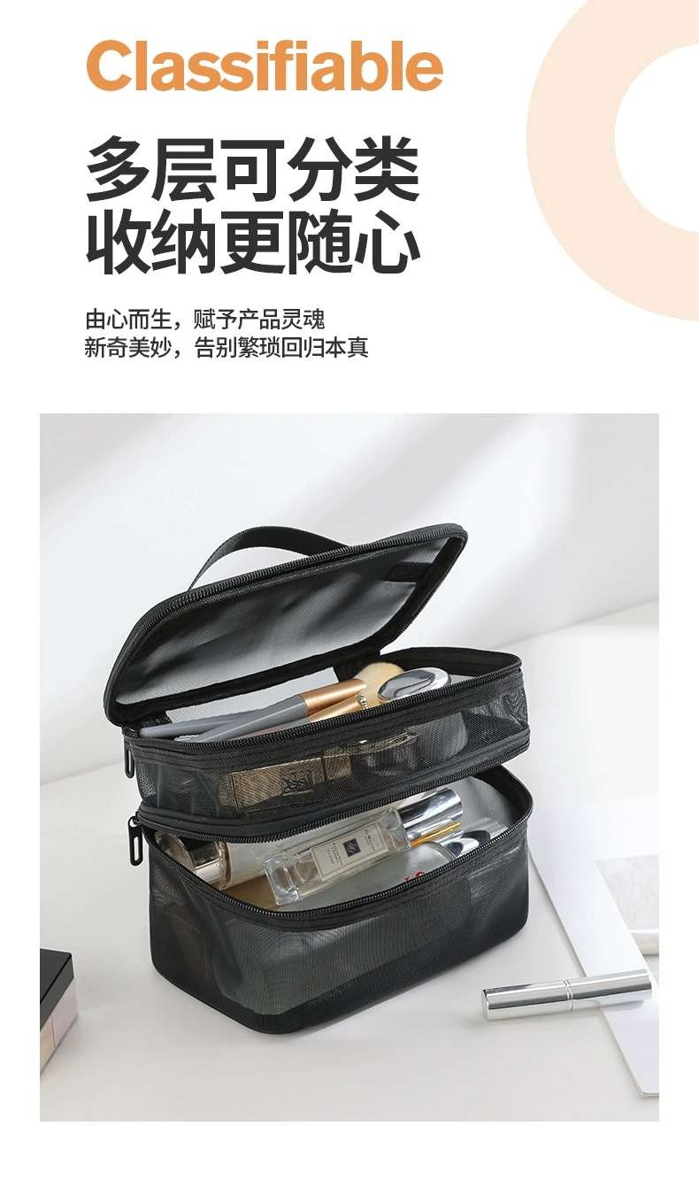 2024 New nylon mesh single and double layer makeup bag, large-capacity portable mesh toiletry bag, cosmetics storage bag detail image 5