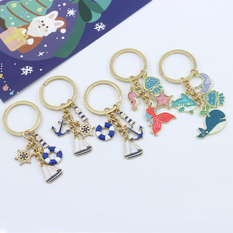Cross-Border Hot Selling Key Chain Ship Lighthouse Life Buoy Rudder Boat Anchor Sailing Boat Marine Worker Keychain Pendant