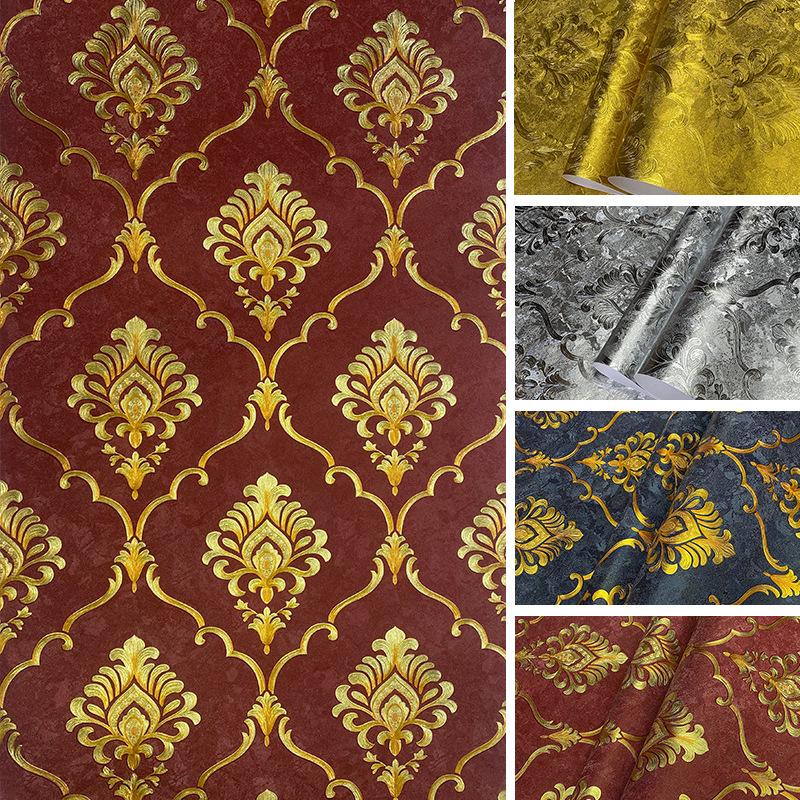 red european-style 3d damascus wallpaper living room sofa background ktv hotel club golden wallpaper