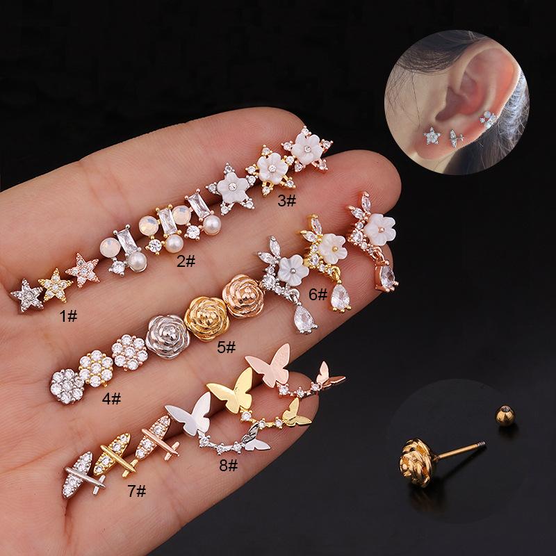 foreign trade creative flower double-end screw ear studs stainless steel studs ornament cross-border puncture