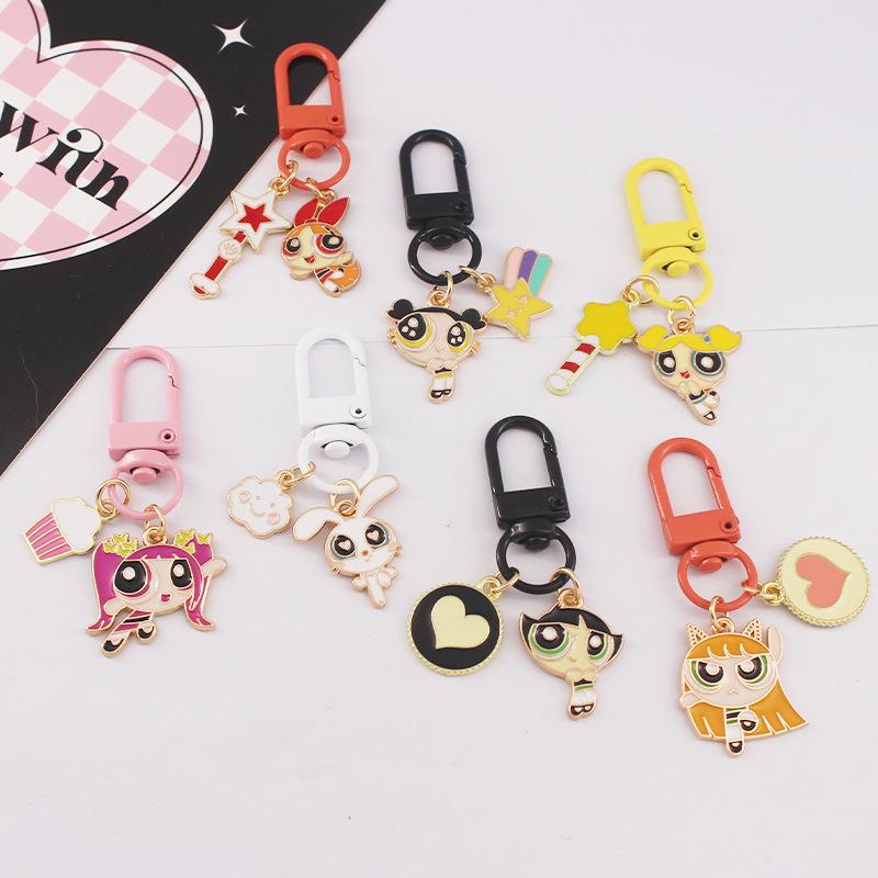 Cute Cartoon Character The Powerpuff Girls Key Metal Key Chain AirPods Pendant Girlfriends Bag Ornaments