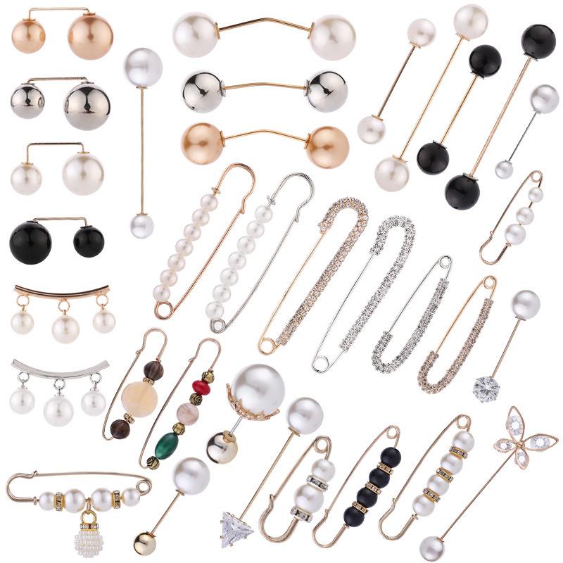 Women's Clothing Shirt Colr Pin Waist Pin Bar Shaped Pin New Korean Style High-End Pearl Anti-Exposure Brooch