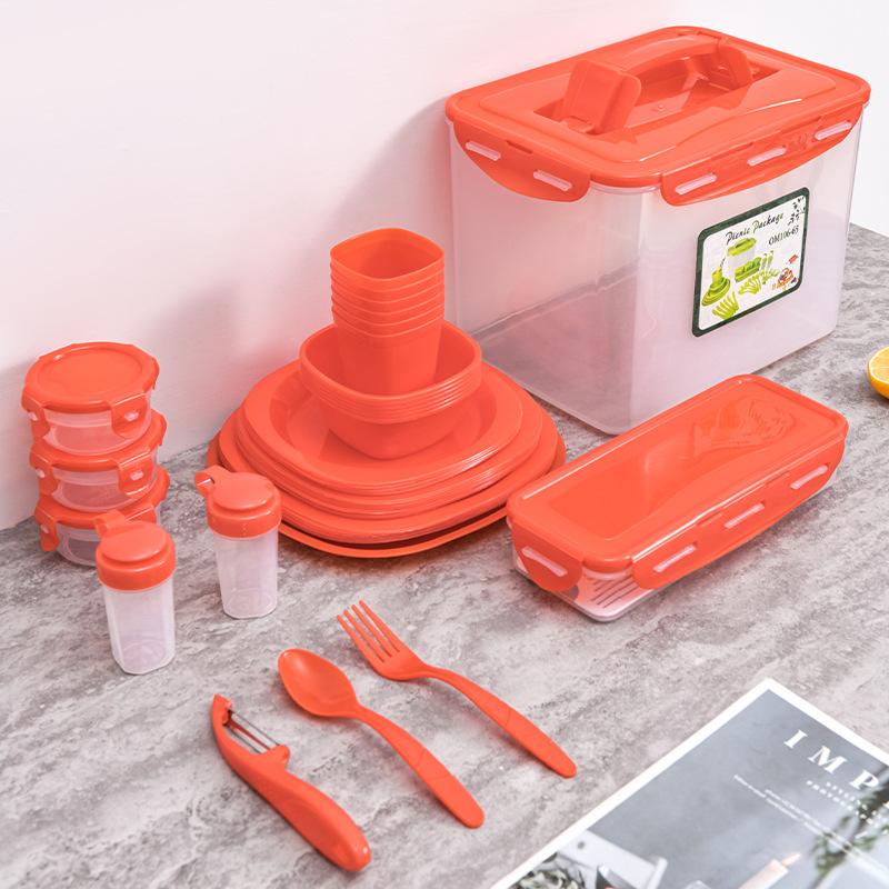 portable tableware suit barbecue camping picnic bag plastic bowl dish & plate cup knife, fork and spoon