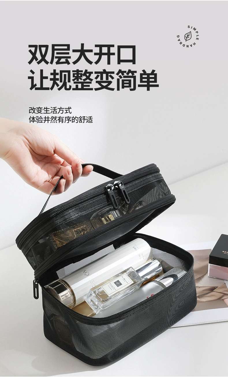 2024 New nylon mesh single and double layer makeup bag, large-capacity portable mesh toiletry bag, cosmetics storage bag detail image 3