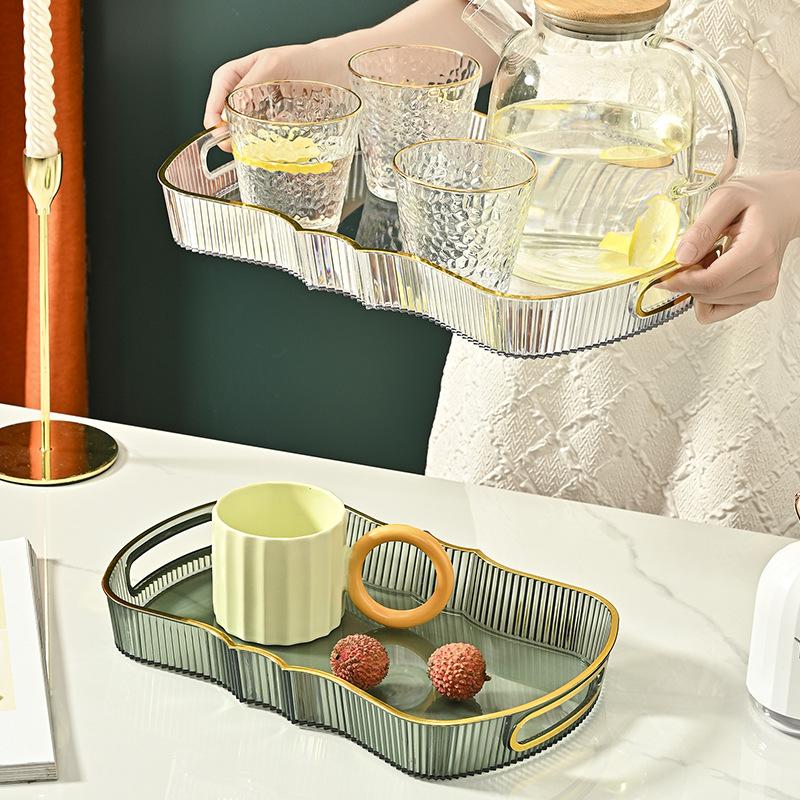 8552 tray household tea cup cup tray living room coffee table transparent golden edge tray rectangular service plate nordic style