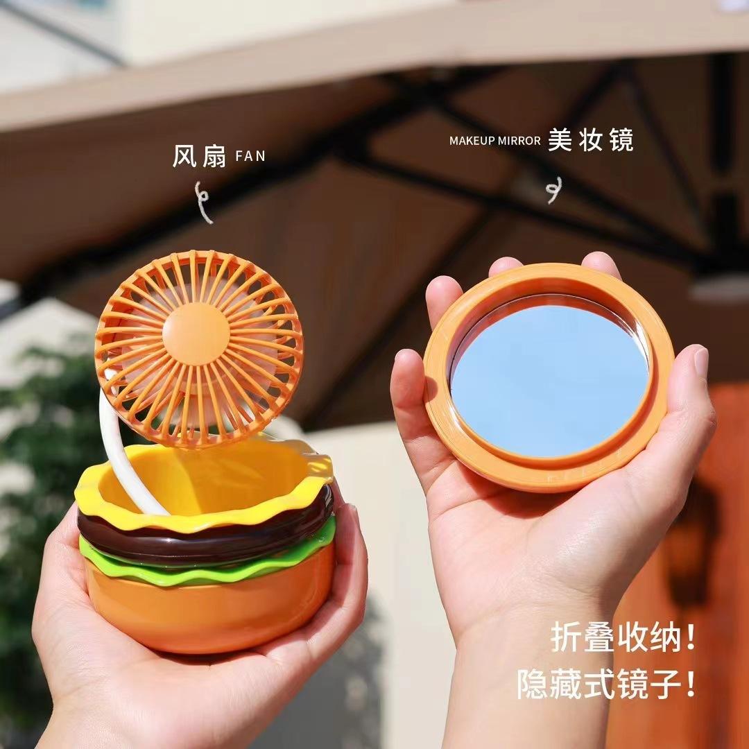 hamburger beauty mirror small fan cute usb rechargeable electric fan storage desktop handheld small fan