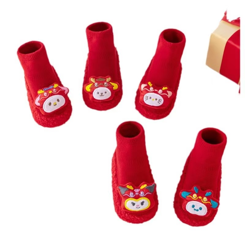 新年大红喜庆宝宝地板袜加厚保暖婴儿学步鞋袜防滑软底儿童袜子鞋