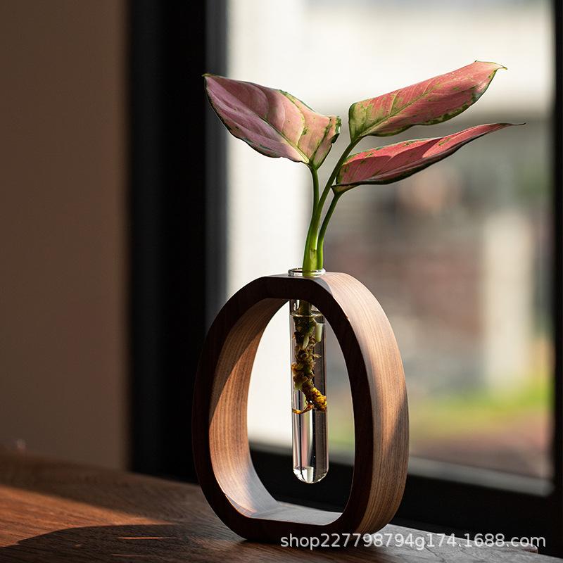 wholesale walnut solid wood flower vase creative flower arrangement ornaments simple glass plant flower holder mini water vase