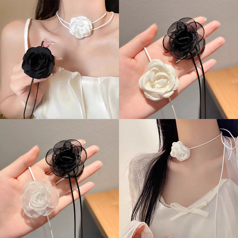 FLY1895 rose Necklace for girls, choker neck flower, black flower collar, neck strap, camellia neck accessory chain pic 2