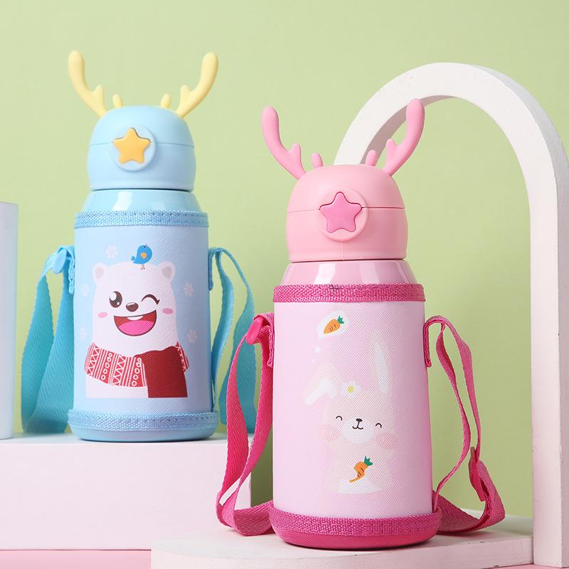 y216 stainless steel 316 vacuum cup cartoon children antler cup portable strap silicone straw sports cup fixed printing