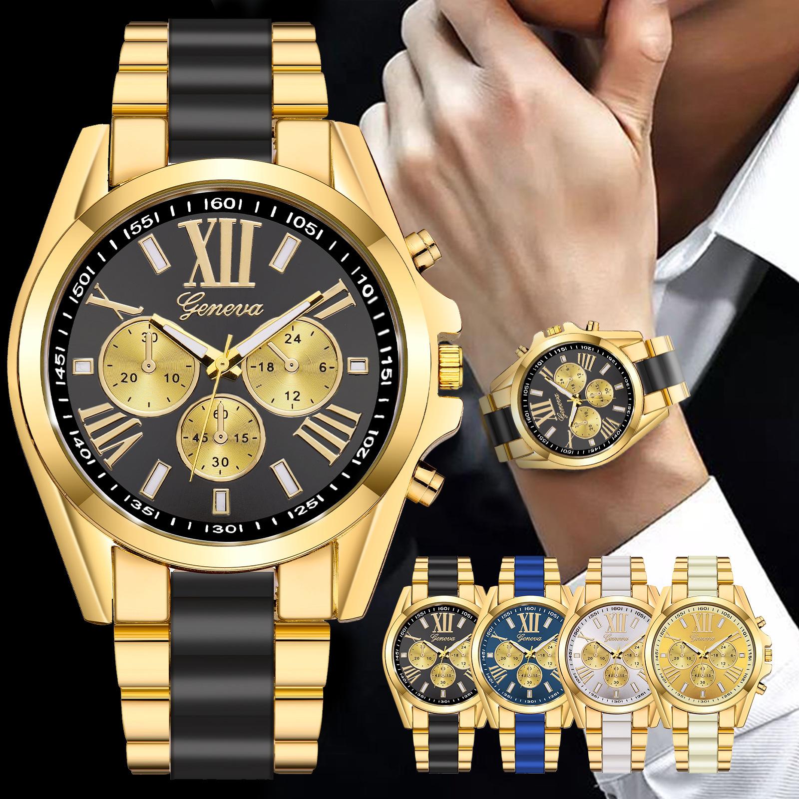Geneva Three Eyes Steel Belt Watch Geneva Quartz Watch Large Plate Steel Belt Roman Scale Men's Sports Watch