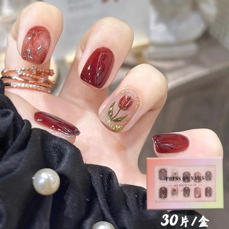 ice transparent red brown deep car color nail polish tulip flower red festive atmosphere bridal wear nail polish piece
