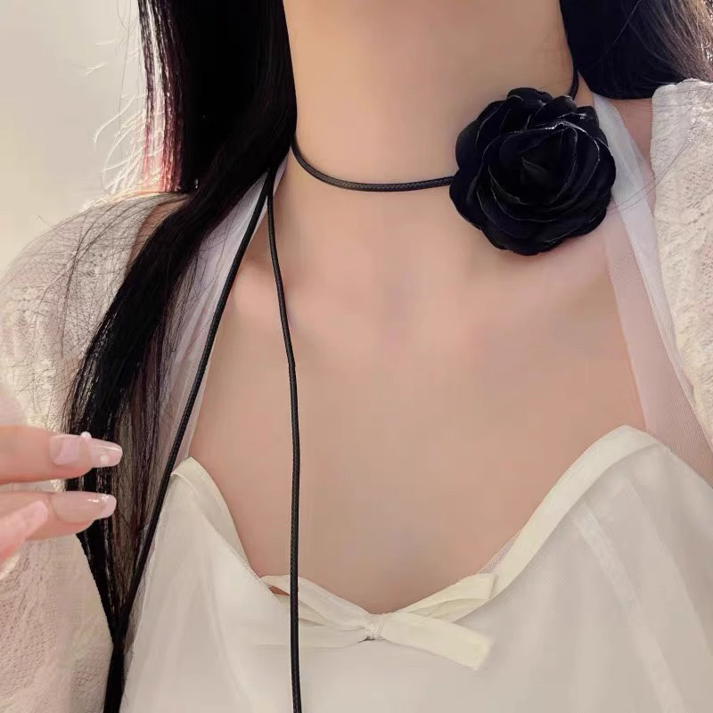FLY1895 rose Necklace for girls, choker neck flower, black flower collar, neck strap, camellia neck accessory chain pic 4