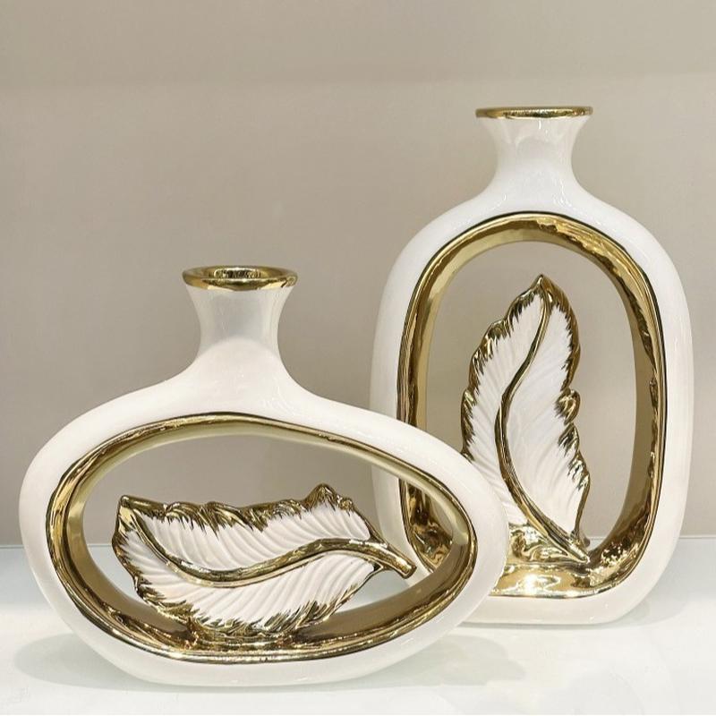 light luxury modern style electroplated ceramic vase high-grade feather artwork creative flower arrangement ceramic crafts ornaments