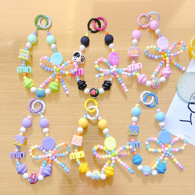 candy color phone stand ring beaded mobile phone charm beads chain hand-painted beads keychain pendant earphone package decoration gift