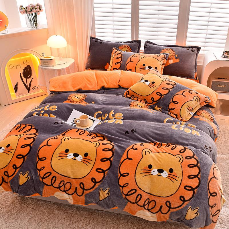 heavy weight cartoon milk fiber printed four-piece bedding set thick warm velvet set single double fitted sheet and bed sheet