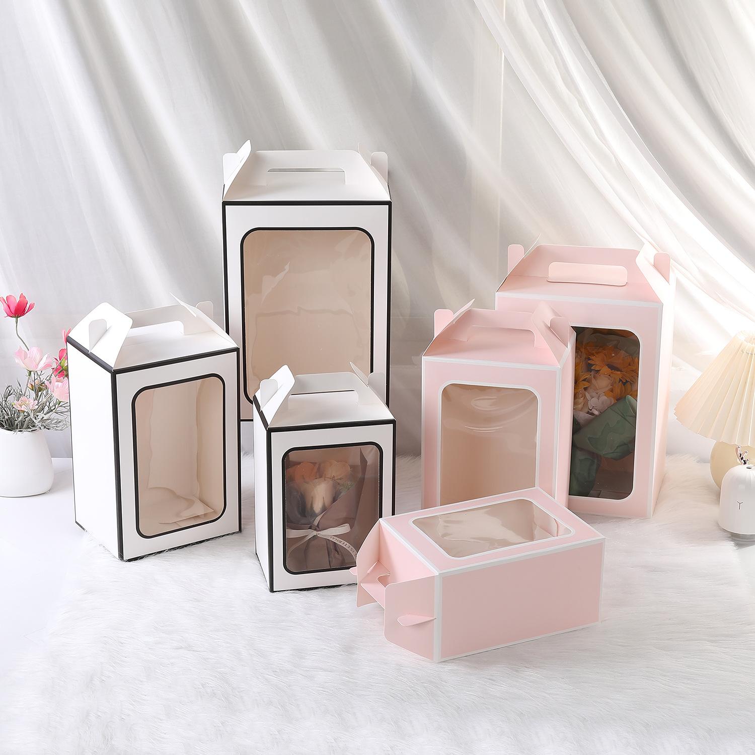 New White Card Portable Gift Box Transparent Packaging Gift Box Window Gift Box Flower Hand Basket