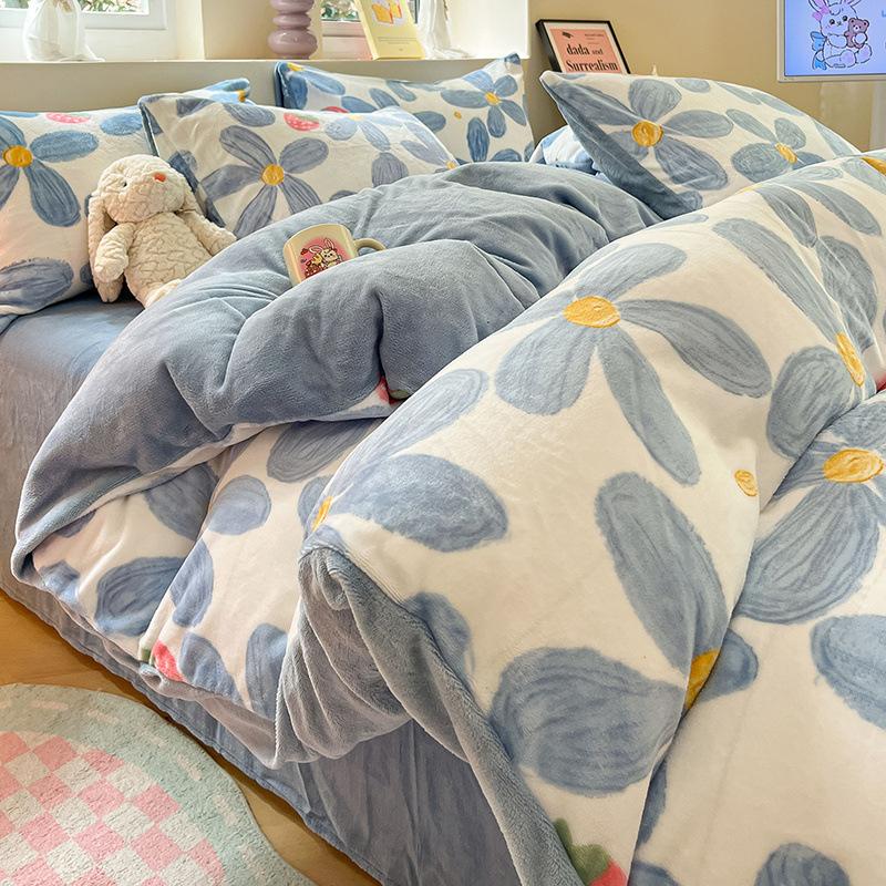 2024 internet celebrity cartoon minimalist milk fiber four-piece coral fleece flannel three-piece bedding set live broadcast
