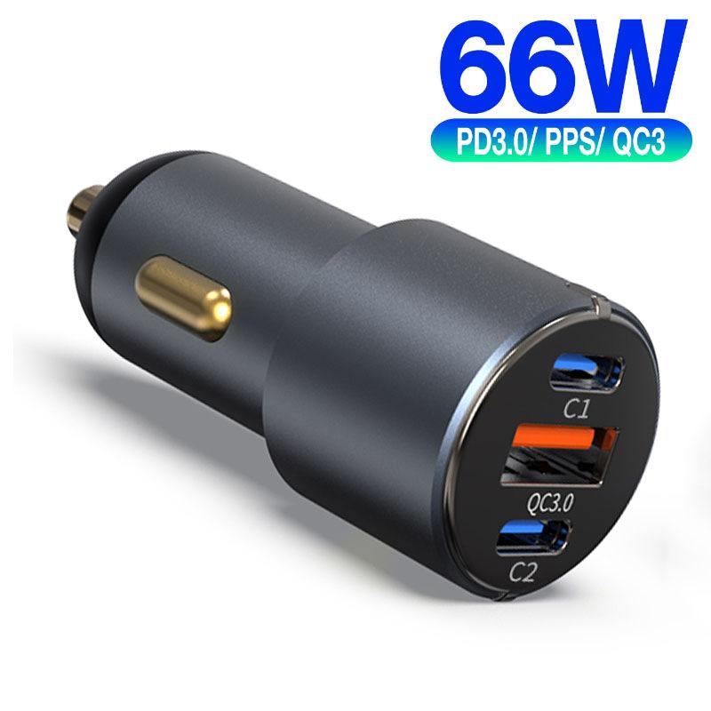 3-port 66w pd car charger dual c- port + qc3.0 mini car charger type-c mobile phone fast charging