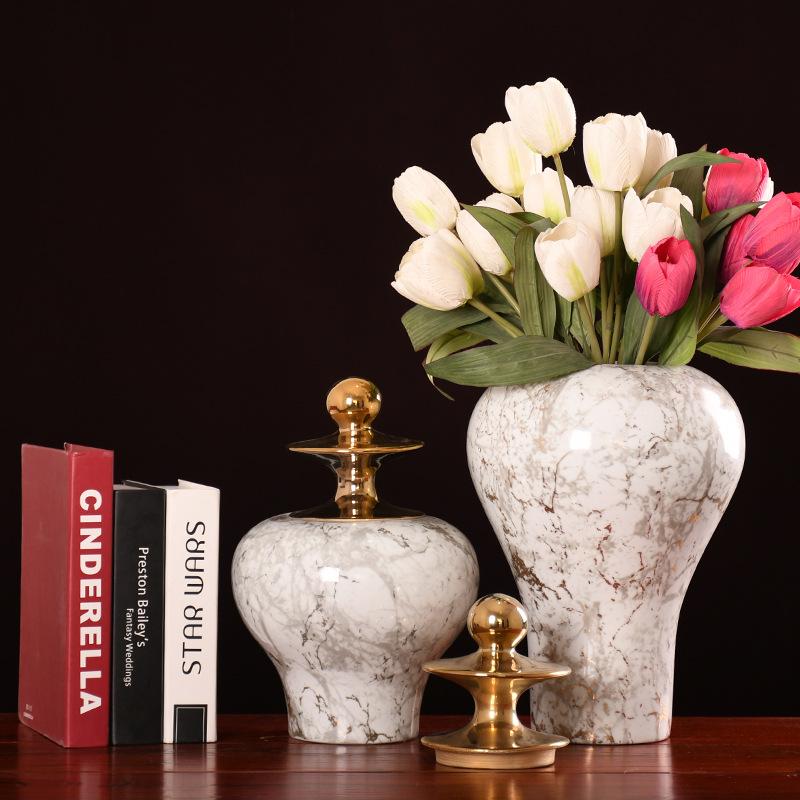 New Chinese Style Gold Marbling Plum Vase Lid Pot Storage Flower Arrangement Vase Curio Cabinet Ceramic Crafts Wholesale
