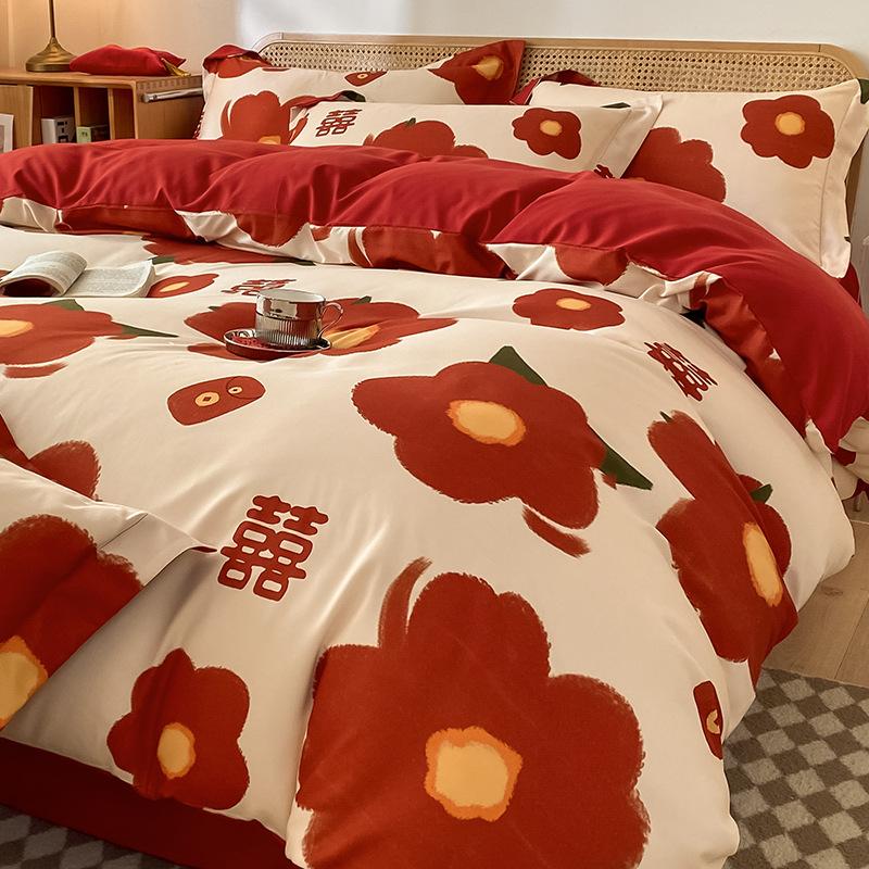 wedding washed cotton bed four-piece set wedding bedding wedding wedding wedding quilt cover wedding red bed sheet fitted sheet wholesale