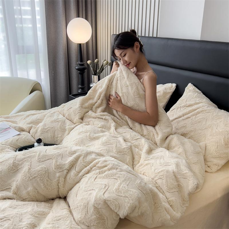 winter rabbit plush four-piece set fleece-lined milk fiber coral fleece bed sheet duvet cover duvet cover carved bedding wholesale