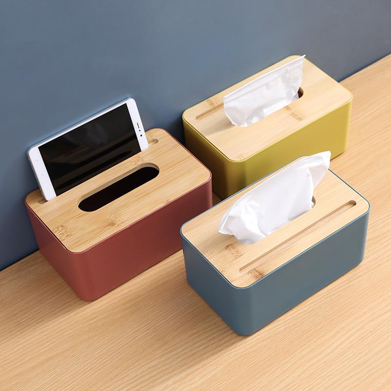 Bamboo Handphone-Friendly Tissue Box Simple Living Room Home Paper Extraction Box Napkin Box Remote Control Storage Box Roll Holder
