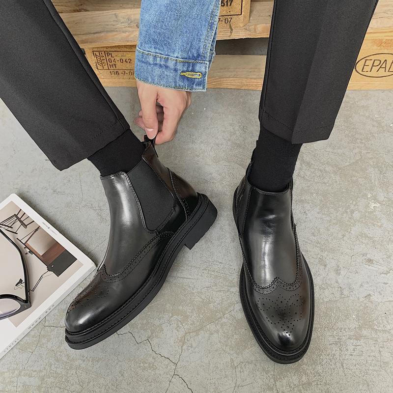 black men's martin boots men's high-top casual spring fashion chelsea booties comfortable brogue leather boots