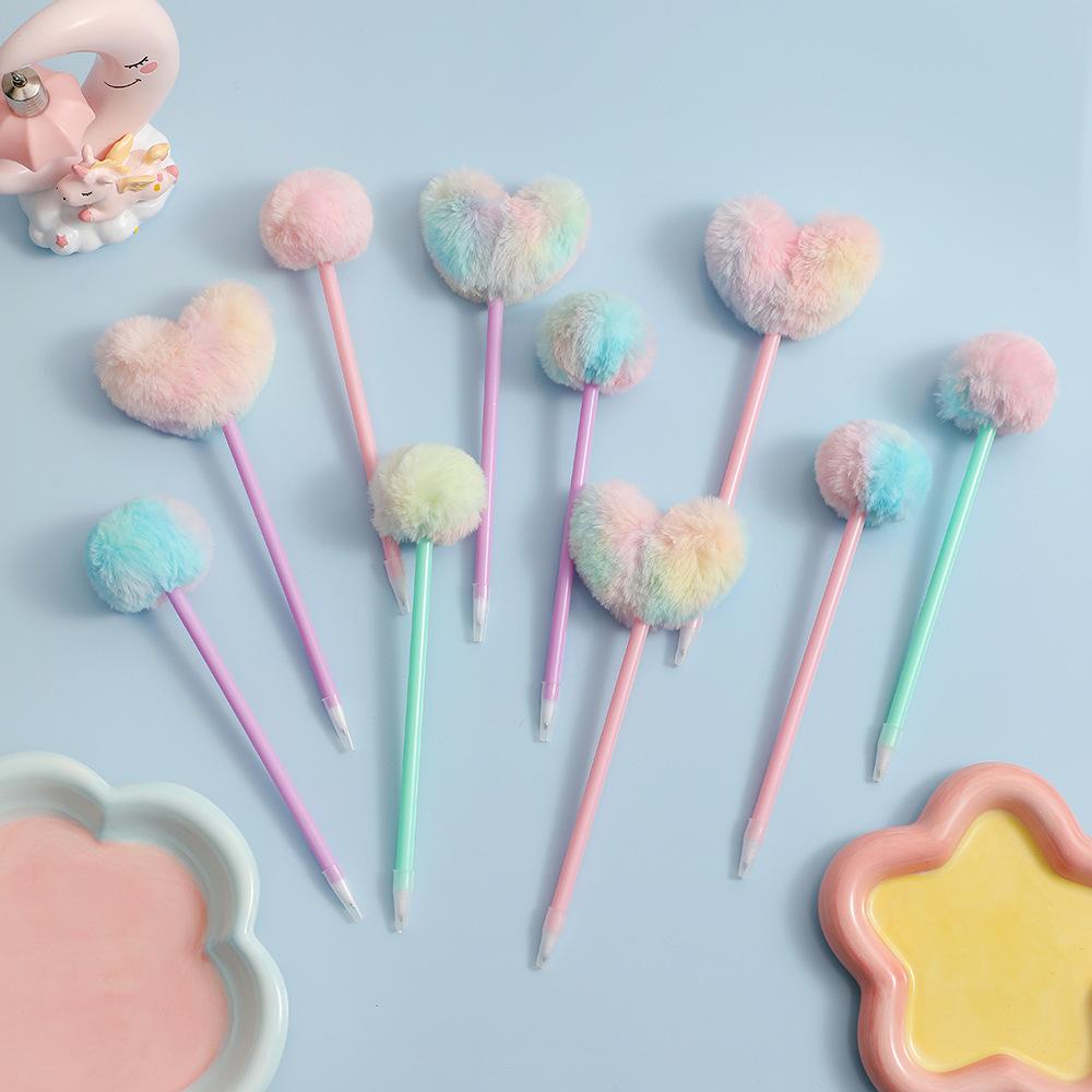 Tie-Dyed Love Plush Fur Ball Pen Student Celebration Activity Reward Gift Pen Learning Book Ballpoint Pen Foreign Trade Manufacturer