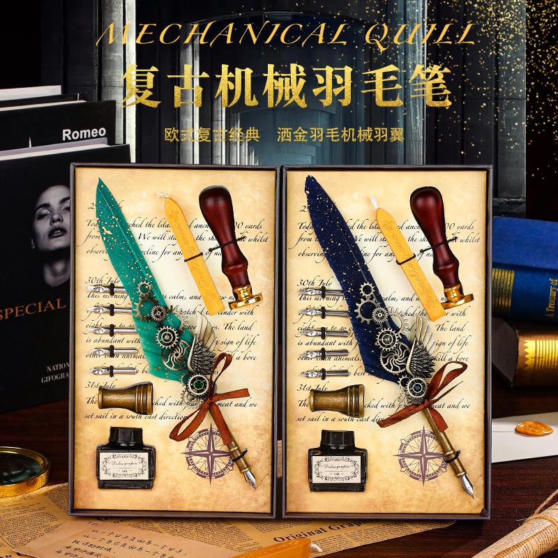 retro style gold sprinkling feather pen european british dip pen gift box business dipping pen ball pen wax seal gift set