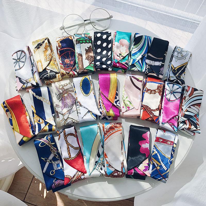 scarf girls' decorative silk scarf printed artificial silk thin narrow strip new stall supply hair band wholesale