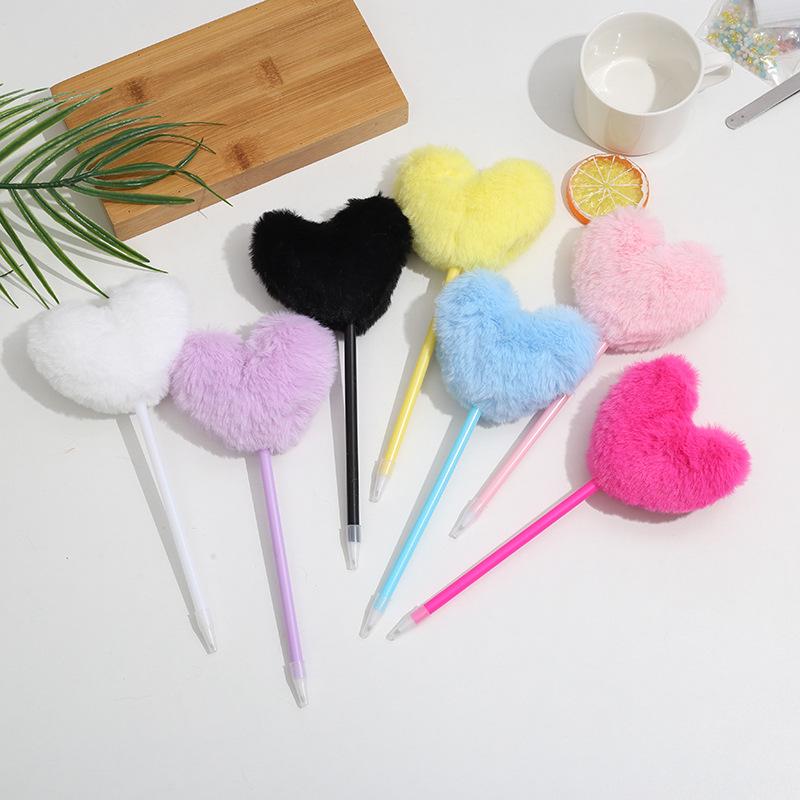 Cross-Border New Arrival Love Fur Ball Pen Girl Color Plush Ballpoint Pen Cute Style Office Peach Heart Pompom Pen Heart-Shaped