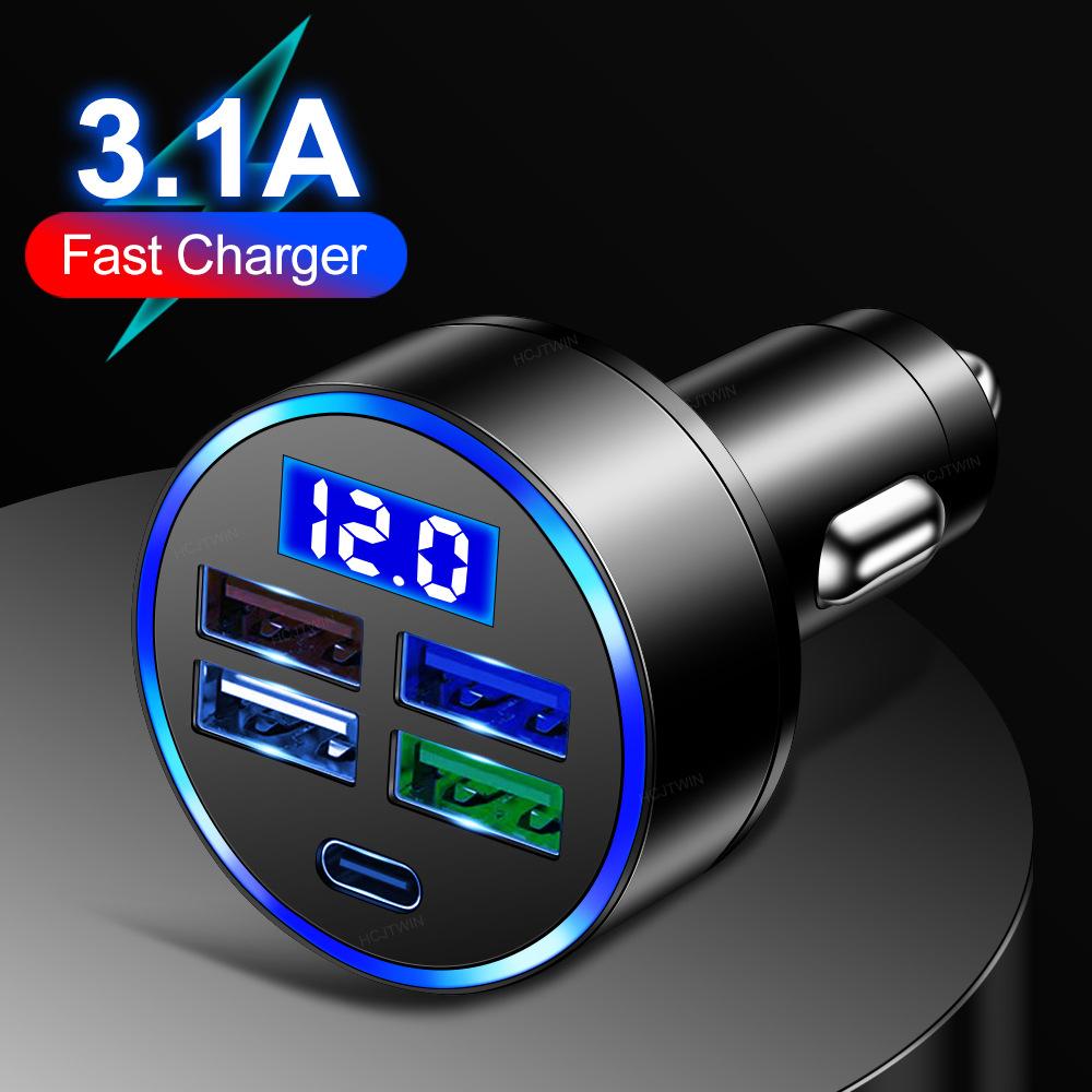 15.5W 4 Ports with Type-c Led Digital Display Car Charger with Voltage Detection Five-in-One Car Charger Wholesale