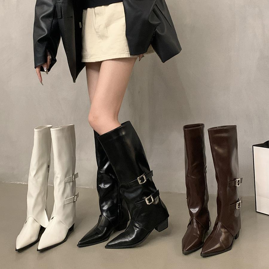 retro pointed toe chunky heel long boots women's shoes 2024 new black thigh highs knight pile style western denim boots