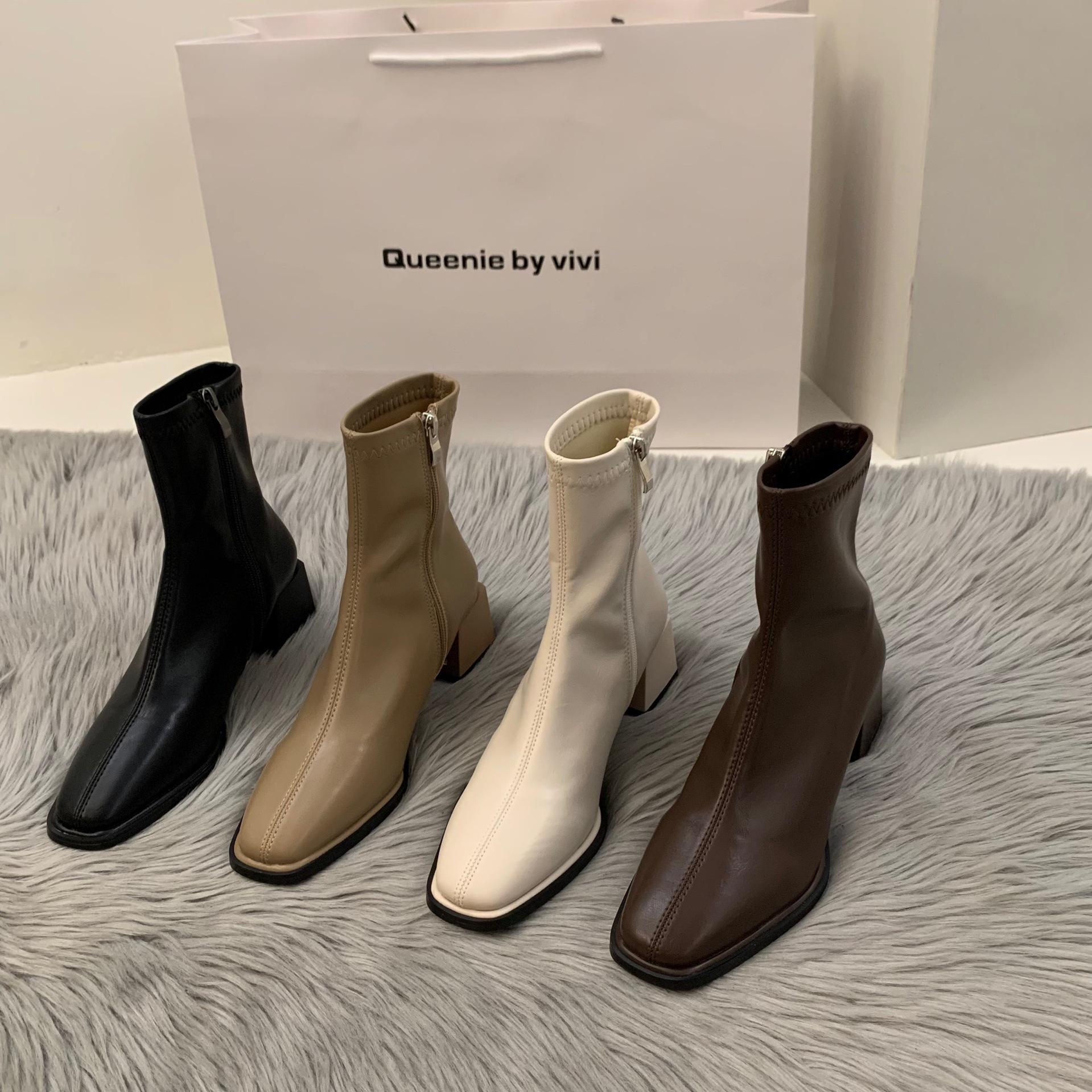 White High-Heeled Square Toe Thin French Style Booties Women's Shoes 2024 New Spring and Autumn Boots Brown Martin Boots