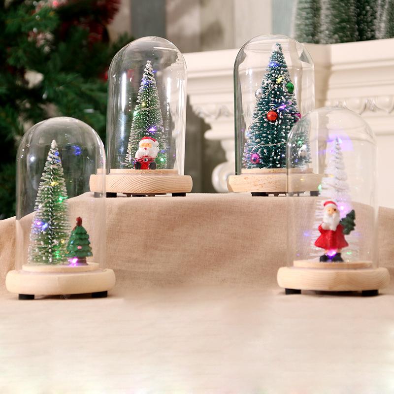wooden glass cover christmas tree ornaments luminous mini christmas tree christmas gift christmas decorations cedar