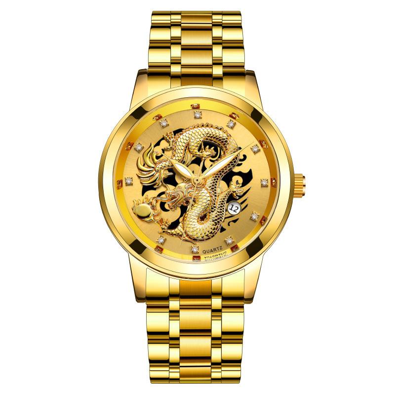 foreign trade hot sale fashion men's watch men's watch calendar steel belt non-mechanical business waterproof square diamond chinese dragon watch