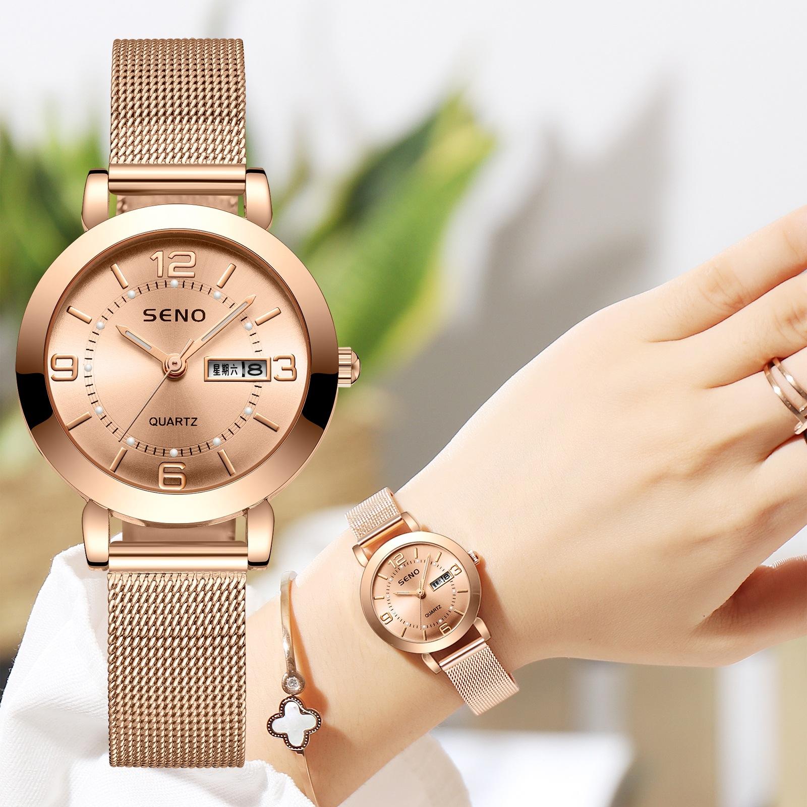 one-piece live quartz watch mechanical women's watch luminous waterproof double calendar female student steel strap wrist watch