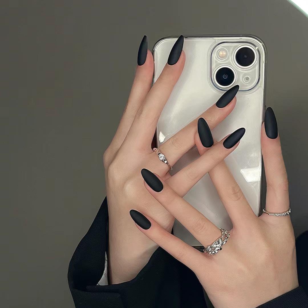 almond black frosted fake nails almond tip nail matte pure black water drop nail dark series cross-border wear nail