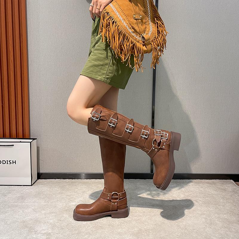 same style genuine leather chunky heel martin boots women's western cowboy boot retro maillard high tube belt buckle square head knight boots
