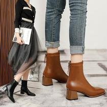Ankle Boots Women's High Heel Chunky Heel 2023 New Boots White French Square Toe Spring and Autumn Boots Fashion Middle Skinny Boots